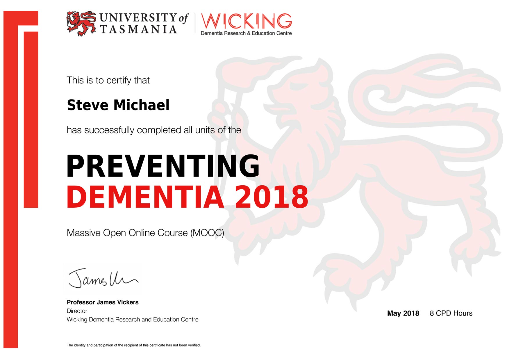 Senior Home Solutions certificate preventing dementia