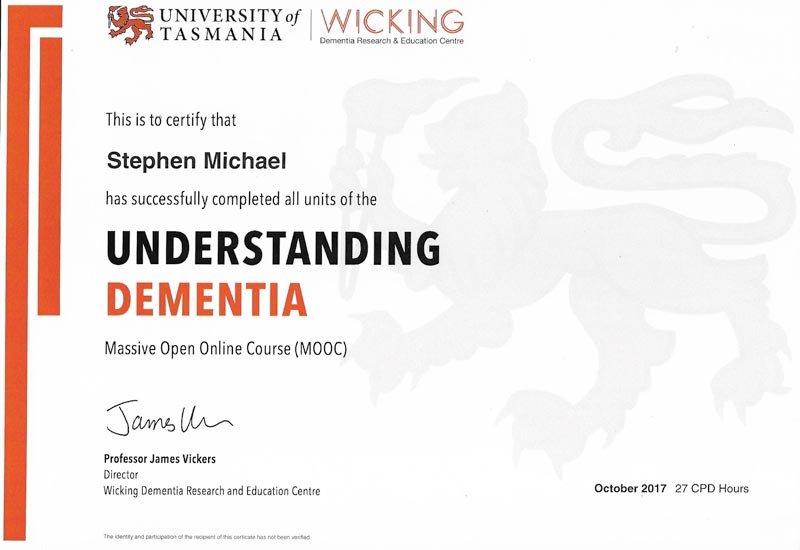 Senior Home Solutions certificate understanding dementia